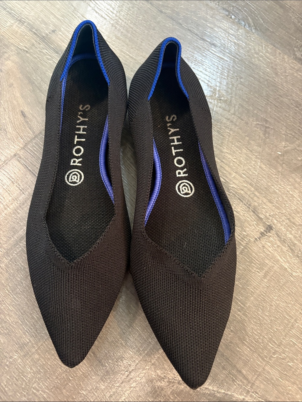 Rothy's Black Knit Pointed Ballet Flats with Blue Trim